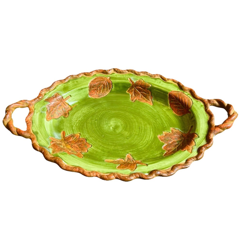Vintage DENNIS EAST INTERNATIONAL Green Brown Leaves Serving Trinket Dish 13" - Picture 3 of 13